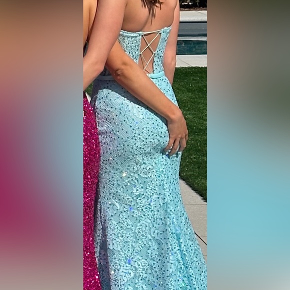 Strapless sparkly light blue prom dress! With tie up back - Picture 2 of 3